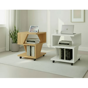 Kit Conjunto com 2 Mesas de Cabeceira - 1 Carvalho e 1 Branco - com Rodizio - Poquema