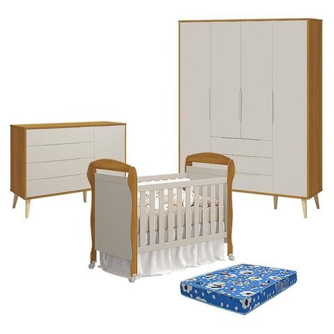 Quarto de Bebê 4 Portas com Cômoda com Porta Elfe Retrô e Berço Americano Danny Areia Savana Acetina