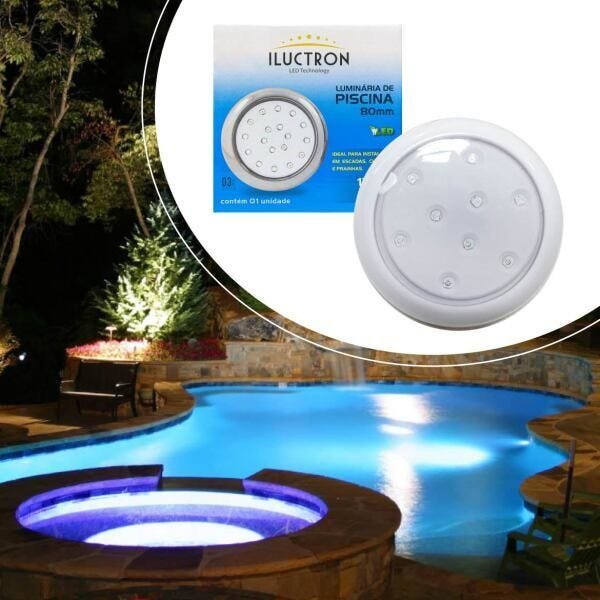 Luminária Piscina Branca Led Ø80mm 9w Luz Azul + Fonte 2A St1847 - 4