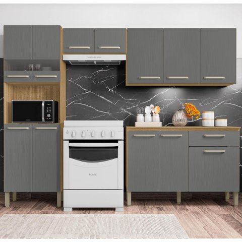 Cozinha Completa Compacta 12 Portas e 1 Gaveta Freijó Gris Versalhes Kits Paraná