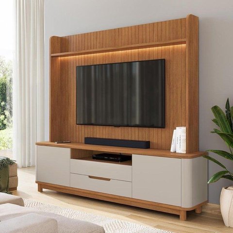 Estante p/ TV Home Theater até 70 pol 215CMX195CM Pés em Madeira Maciça Frisado Cannes Cedro/Off