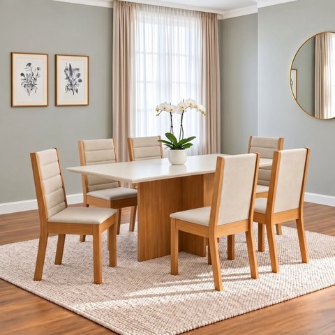 Conjunto Sala de Jantar Mesa Lana 160cm Tampo MDF Canto Reto 6 Cadeiras Evelin
