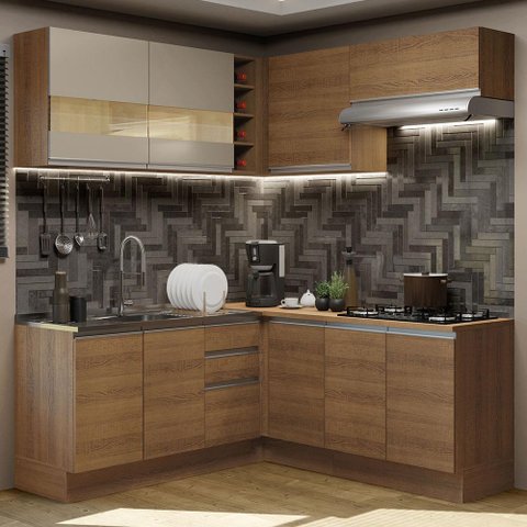 Armário de Cozinha Completa de Canto 349cm Rustic/Rustic/Crema Glamy Madesa 01