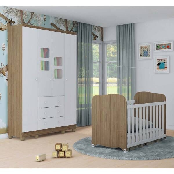Quarto Infantil Com Guarda-Roupa Uli 04 Portas e Berço Uli Americano Móveis Peroba - Carvalho/Branco - 1