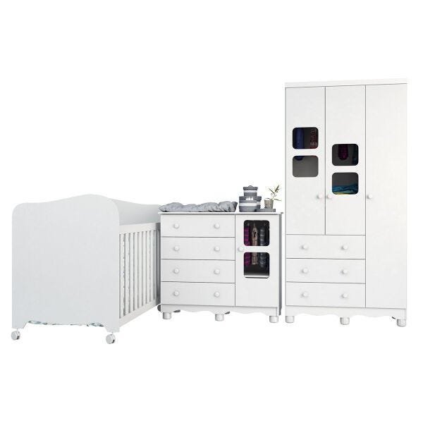 Quarto Infantil Com Guarda-Roupa Uli 03 Portas Cômoda Uli e Berço Uli Americano Branco Móveis - Bran - 2