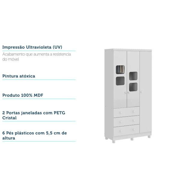 Quarto Infantil Com Guarda-Roupa Uli 03 Portas Cômoda Uli e Berço Uli Americano Branco Móveis - Bran - 5
