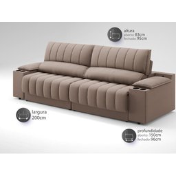 Sofá com Porta Copos e Carregador USB Retrátil e Reclinável Murano 2,00m Velosuede Marrom - - 3