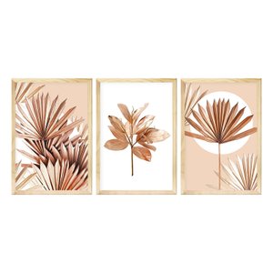 Kit 3 Quadros Decorativos Cozinha 33x43cm Moldura em Pinus com Plantas Folhagem Rose - Hugart