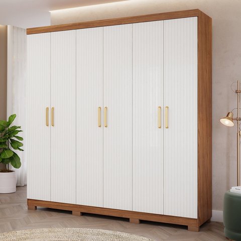 Guarda-Roupa Casal 6 Portas com Pé e Espelho Interno Giratório 199cm 100% MDF Paraty Espresso Móveis Bege/Cinamomo/Grafiatto