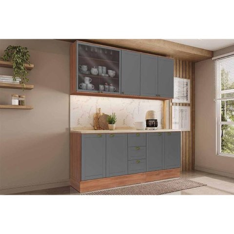 Cozinha Modulada Completa Bella 4 Peças (2aéreos+2balcões) C4p169 Nogal/cinza - Carraro
