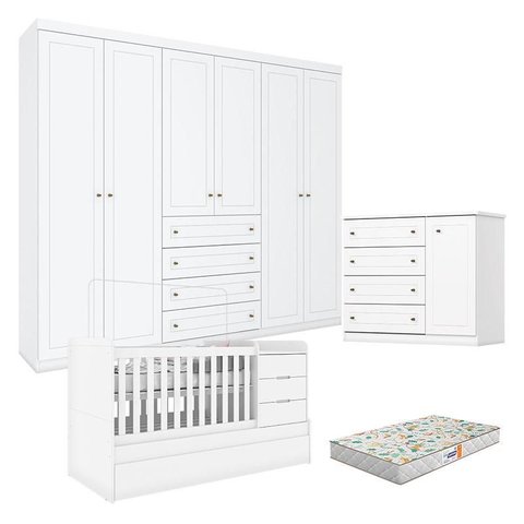 Quarto Infantil 6 Portas Americano com Berço Multifuncional Cleo Branco Fosco e Colchão Gazin - Henn