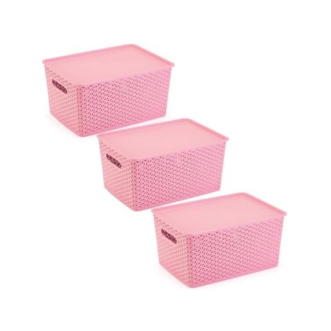 3 Caixas Organizadoras com Tampa Grande 15 Lts Rattan Rosa