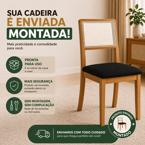 Kit 2 Cadeiras de Jantar Madeira Maciça Mel Encosto Telinha Palha Estofada Veludo Preto Rubi