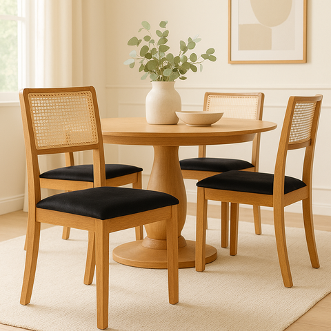 Kit 2 Cadeiras de Jantar Madeira Maciça Mel Encosto Telinha Palha Estofada Veludo Preto Rubi