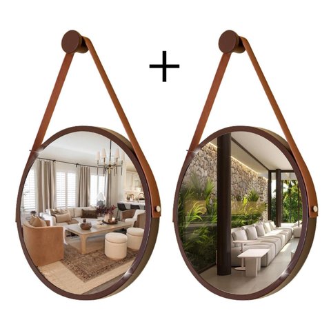 Kit 2 Espelhos Redondo Decorativo Suspenso Alça 40cm + Suporte Marrom Alça Caramelo