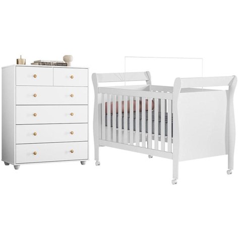 Berço Americano Slim com Cômoda Vittoria 6 Gavetas Branco - Móveis Albatroz