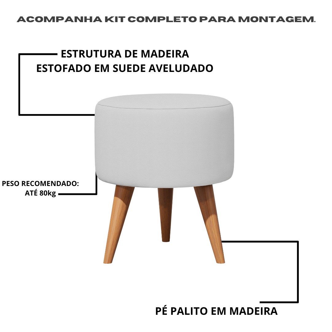 Kit 2 Puff Redondo Suede Sala Quarto Banqueta Pés Madeira - Marrom - 4