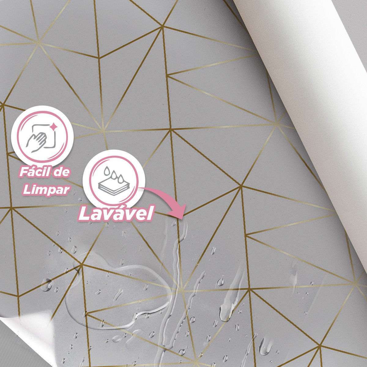Papel de Parede Adesivo Zara Cinza Fio Gold Auto Colante Lavável 3M - 2