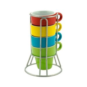 Cj 4 Xícaras P/Café de Porcelana Coloridas 60ml C/Suporte Bon Gourmet