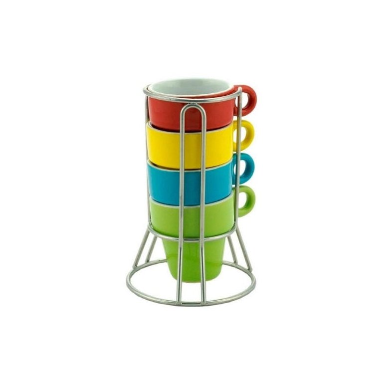 Cj 4 Xícaras P/Café de Porcelana Coloridas 60ml C/Suporte Bon Gourmet