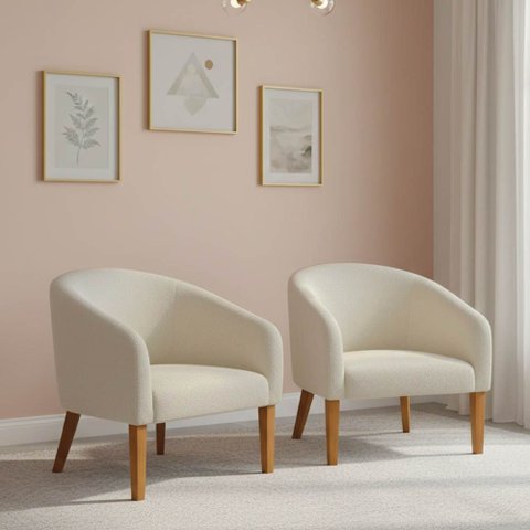 Poltrona Sala Decorativa Kit 2 Stella Pé Madeira Trapézio Castanho Bouclê Bege D03 - D’Rossi
