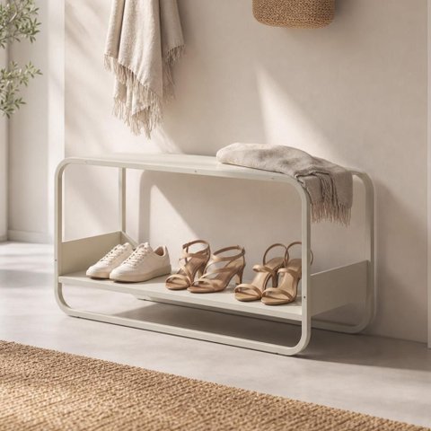 Banco Sapateira para Hall de Entrada 90cm Orgânico Industrial Alek A03 Off White - Lyam Decor