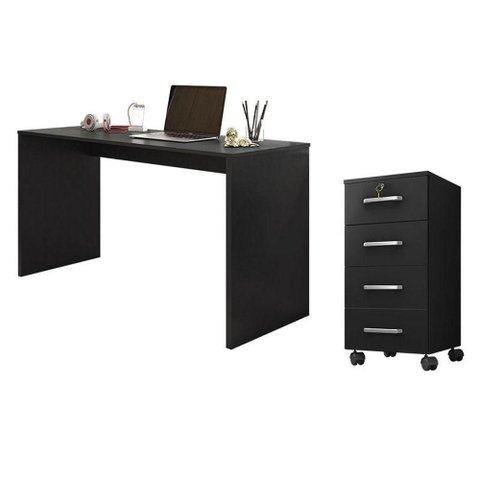 Mesa para Computador e Gaveteiro Gávea com Chave 4 Gavetas Preto Fosco - Móveis Leão