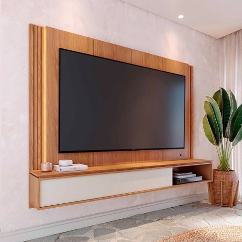 Home Suspenso Soge para TV até 75 Fita LED Portas Deslizantes MDP/MDF 217cm Freijó/Off White G73 - g