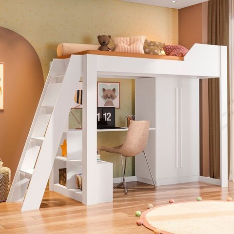 Cama Alta Beliche Office Infantil e Juvenil com Escrivaninha e Roupeiro Vivace Branco