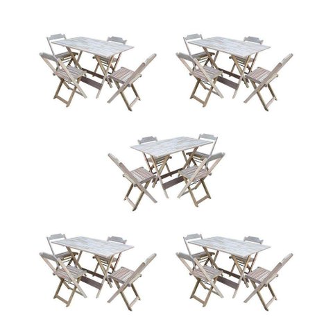 Kit 5 Jogos De Mesa Dobravel Com 4 Cadeiras De Madeira 120X70 Para Restaurante E Bar- Sem Pintura