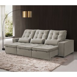 Sofá Retrátil e Reclinável 5 Lugares Paris 2,90m com Almofada D26 em Veludo Bege - 1