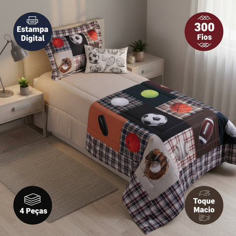 Kit Edredom Boy Solteiro Infantil e Juvenil 4 Peças Esportes Estampa Digital 300 Fios