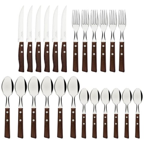 Faqueiro Tradicional Lâminas Aço Inox Cabos de Madeira Natural 24 Peças - Tramontina 22299050