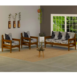 Conjunto De Sofás 3+1+1 Lugares Em Madeira Maciça com Almofadas Soltas Cinza - 1 Conjunto De Sofás 3+1+1 Lugares Em Madeira Maciça com Almofadas Soltas Cinza - 1