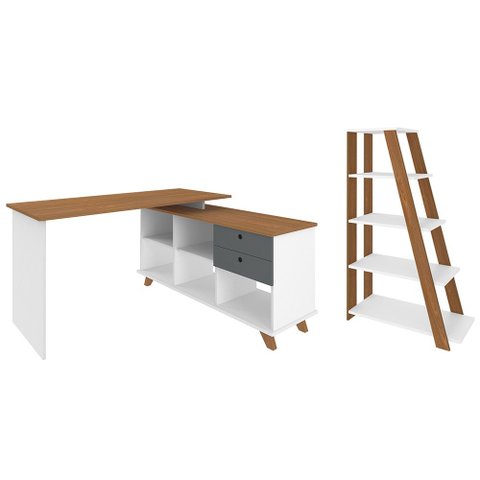 Mesa Escrivaninha em L Golden e Estante Livreiro Stela A06 Branco/freijó/grafito - Mpozenato