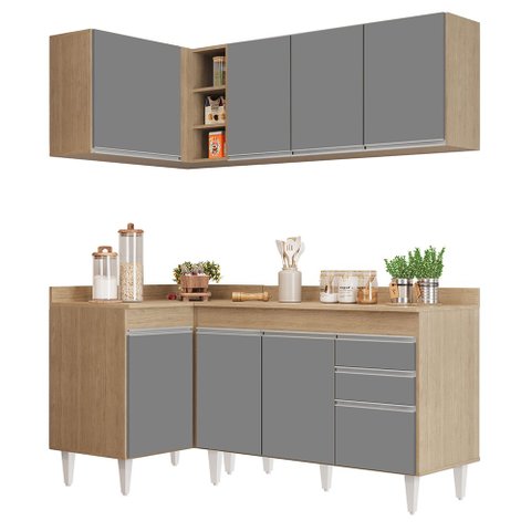 Armário de Cozinha Modulado de Canto Direito 4 Peças Cp38 Balcão com Tampo Castanho/cinza - Lumil Lu