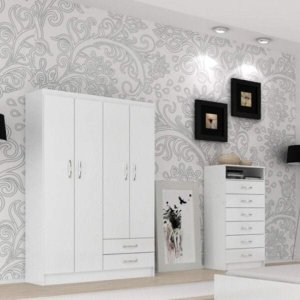 Quarto Solteiro com Guarda Roupa 4 Portas e Cômoda 6 Gavetas 