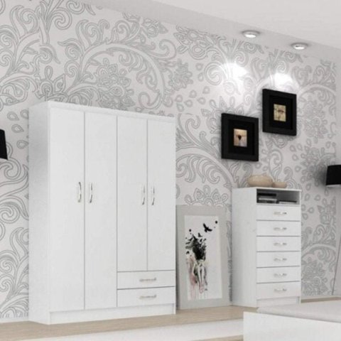 Quarto Solteiro com Guarda Roupa 4 Portas e Cômoda 6 Gavetas