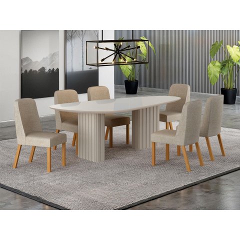 Conjunto Jantar 6 Cadeiras Maciça 2x1 Vdo Iza - Arbo Design- Off White Linho Bege