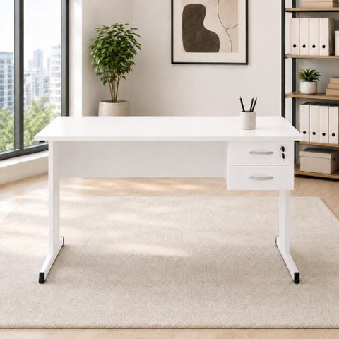 Mesa Escrivaninha Pés Metal 120cm x 60cm com Gaveteiro Suspenso 2 Gavetas F5 Office Cor:Branco