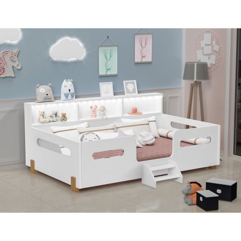 Cama Juvenil Mary com Escada Led e Nicho Branco/mel