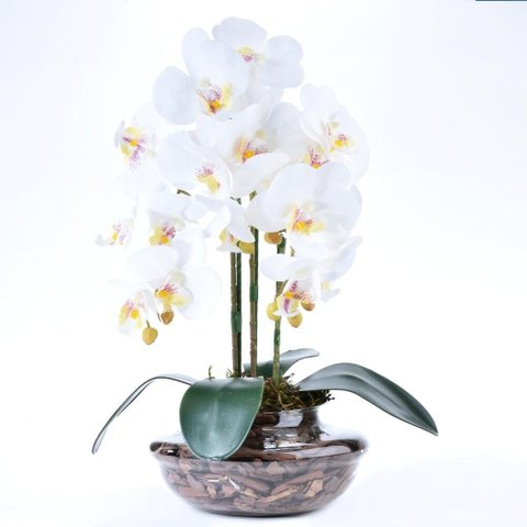 Arranjo 3 Orquídeas Artificiais em Terrário Pequeno Incolor