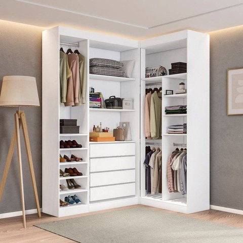 Guarda-Roupas Closet Modulado Roupeiro de Canto L sem Portas 4 Gavetas Sapateira Versatille Yescasa