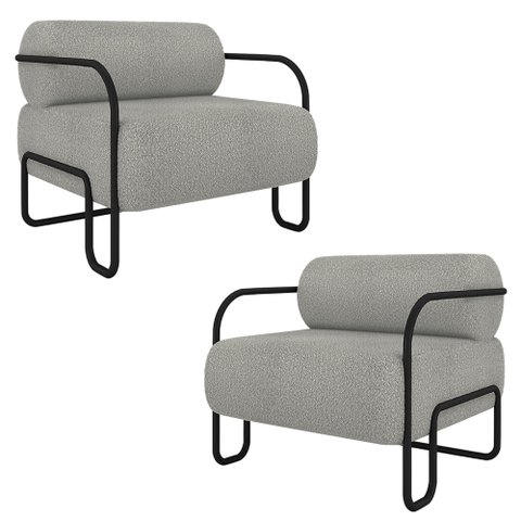 Kit 2 Poltronas Decorativas Sala de Estar Polatsk Base Industrial de Ferro Bouclê Cinza G33 - Gran B