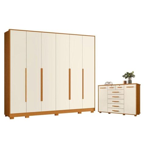 Kit Guarda Roupa Casal Mercure 6 e Cômoda Fontana 2 com 7 Gavetas Cinamomo Off White