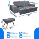 Ver imagem 3 de Sofá 3 Lugares 2,10m Retrátil +2 Puffs Pés Palito Cinza