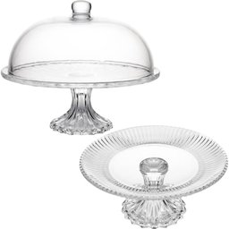 Kit 1 Boleira com Tampa e 1 Prato Porta Bolo com Pé 25cm Cristal Diamond Renaissance Lyor - 2
