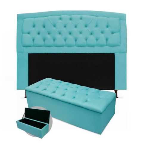 Kit Cabeceira Geovana + Calçadeira Baú Mirage King Size 195cm Suede - Ecotec Decor:Azul Turquesa