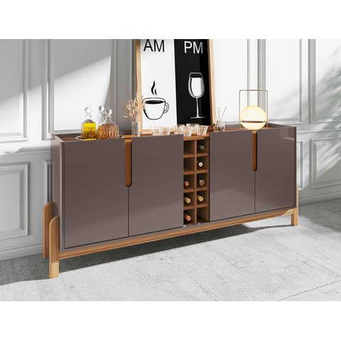 Aparador Buffet Sala 190cm Liz 4 Portas com Adega com Pés de Madeira Cinza com Cedro - Rede Móveis