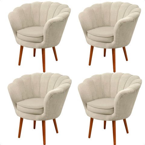 Kit 4 Poltrona Sala Decorativa Pétala Veludo Gelo Pés Palito Castanho - Arkell